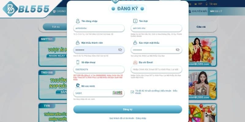 Điền thông tin đăng ký BL555